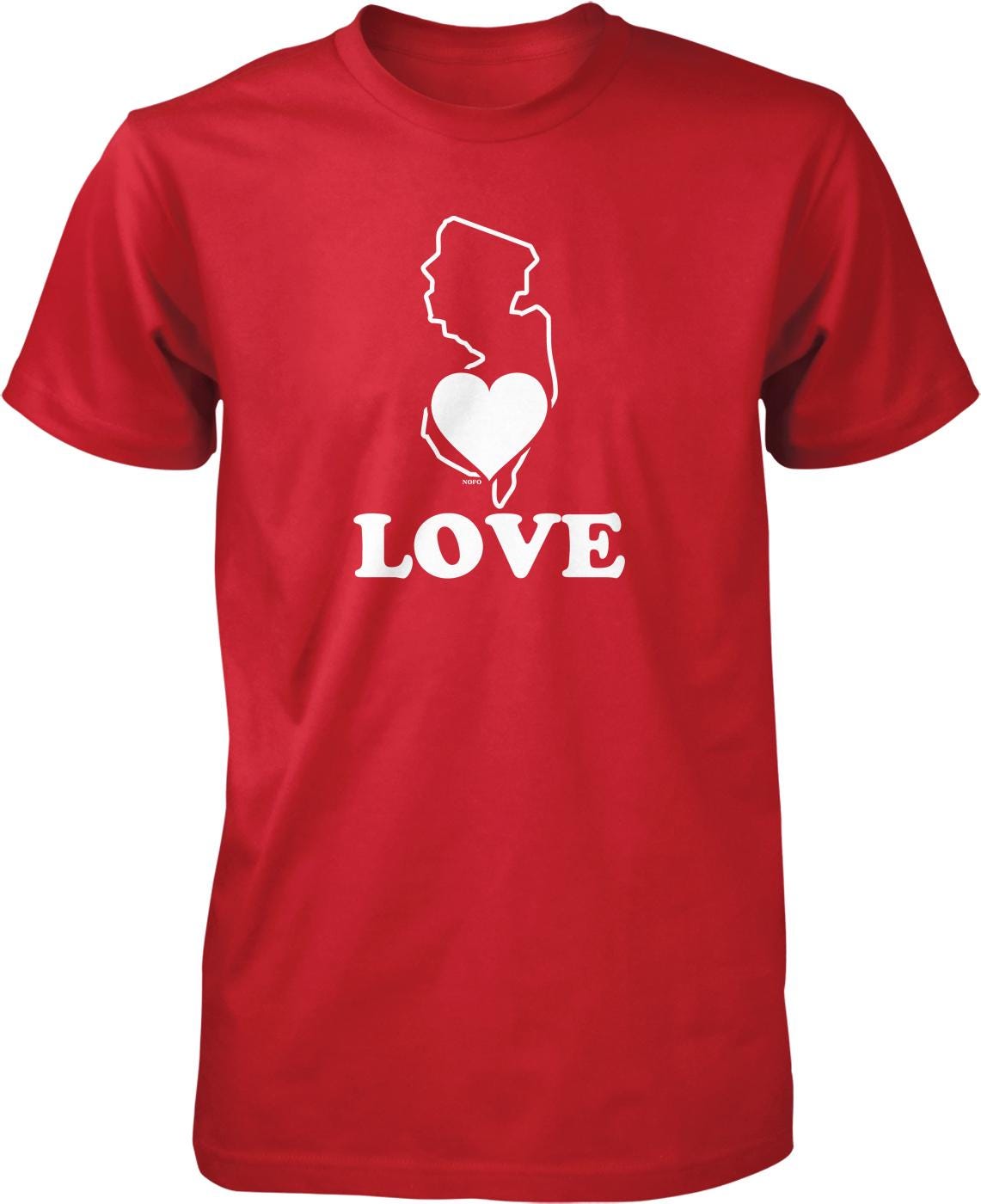 A red t-shirt with a white graphic design that includes a heart shape and the word "LOVE" written below it.