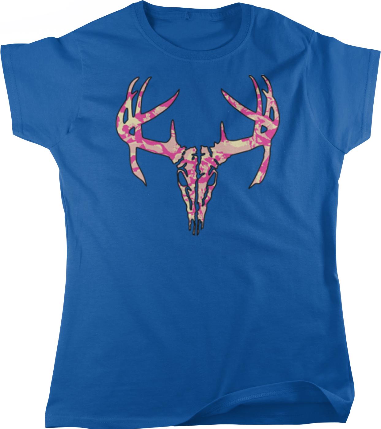 A blue t-shirt with a graphic design of a deer skull and antlers.