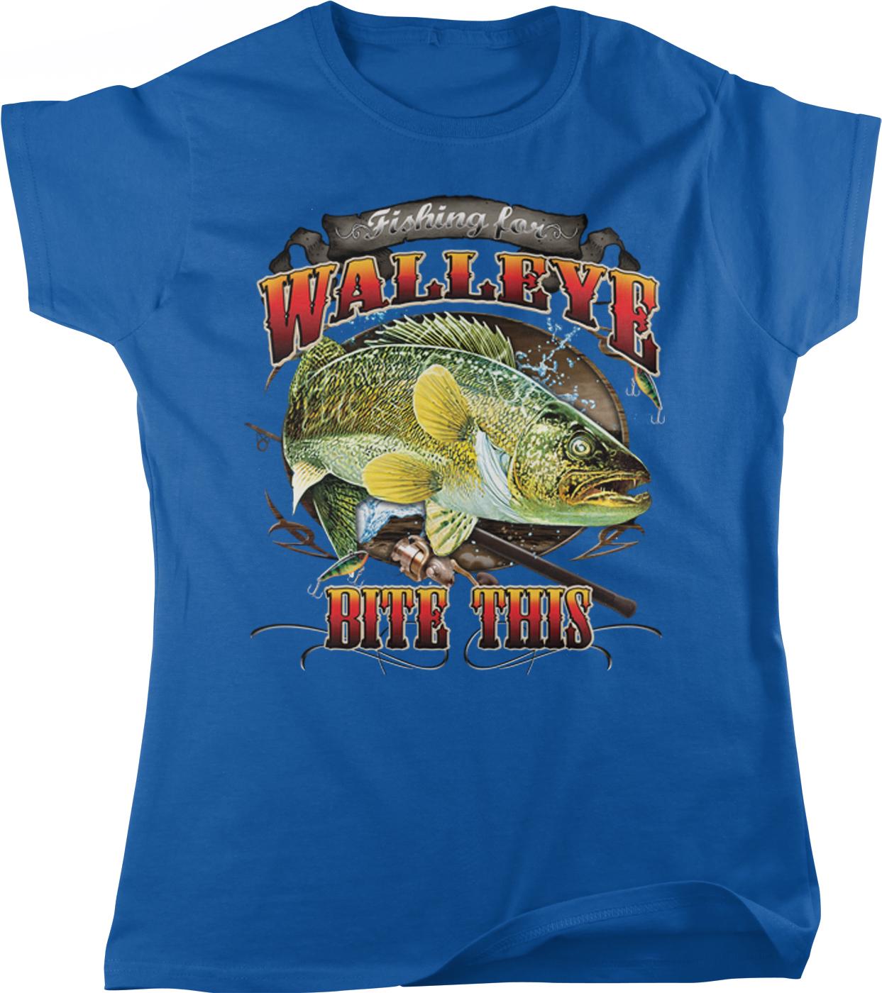 A blue t-shirt with a graphic design featuring a fish and the text "Fishing for WALLEYE BITE THIS".