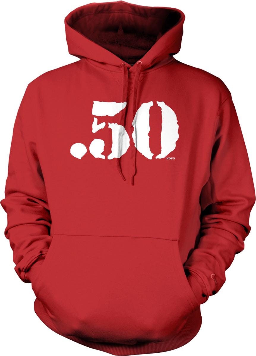 A red hoodie with the number 50 prominently displayed in white.