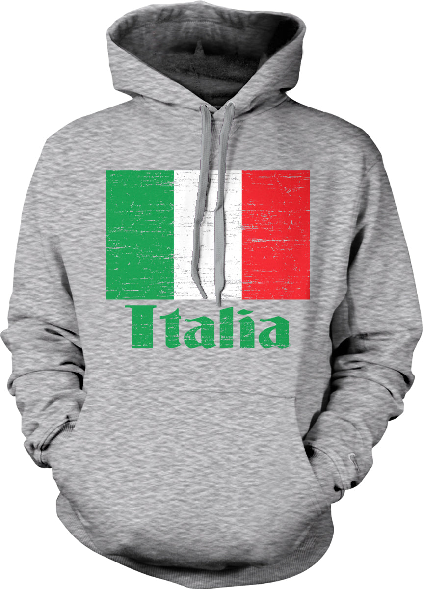 A grey hoodie with a graphic of the Italian flag and the word "Italia" printed on it.