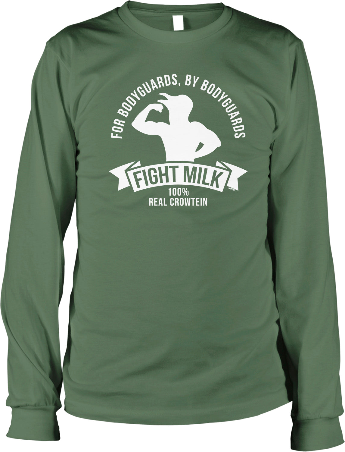A long-sleeved green t-shirt with a white graphic design and text printed on it.