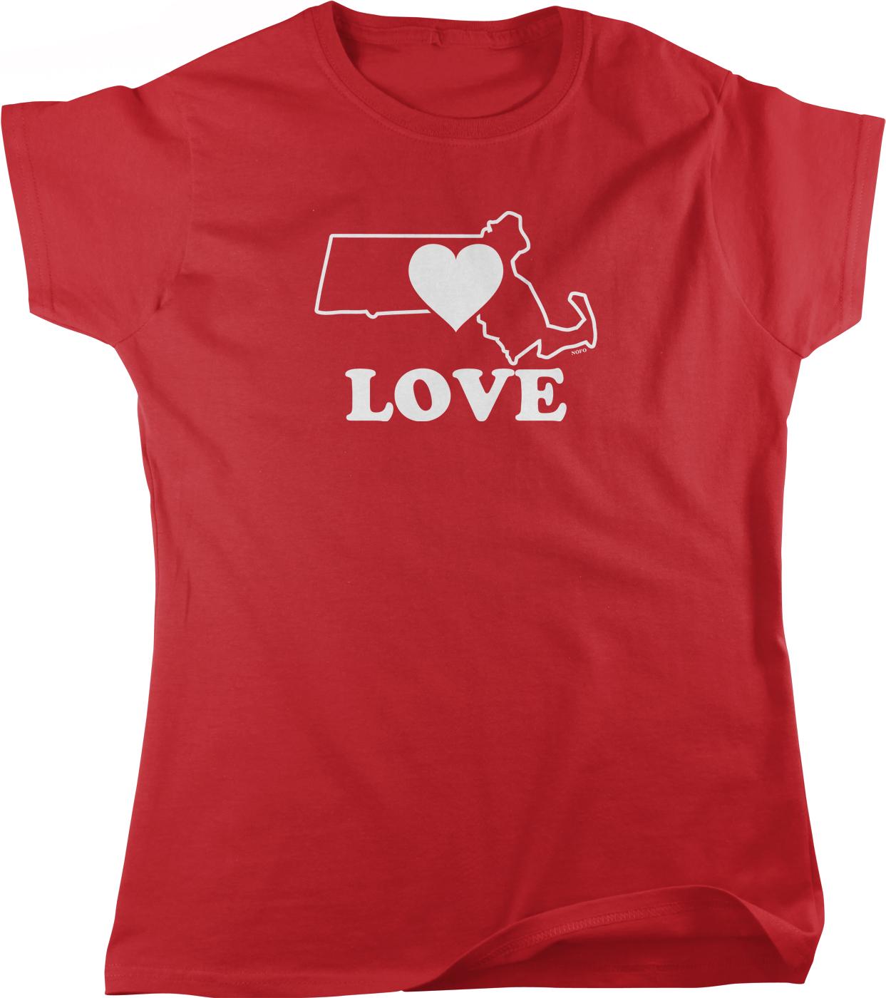 A red t-shirt with a white graphic design that says "LOVE" and a heart shape, along with a map of Massachusetts.
