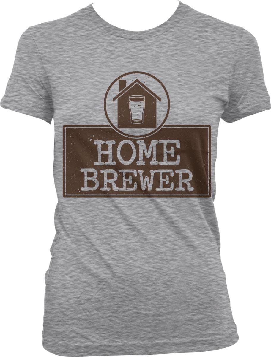 A gray t-shirt with a graphic design that says "HOME BREWER" and features a house and a glass of beer.