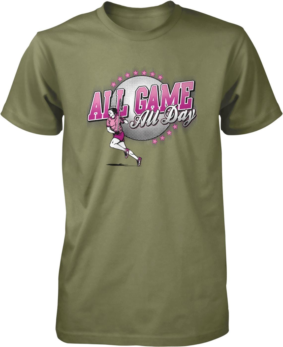 A green t-shirt with a graphic design featuring a woman running and the text "All Game All Day" in pink and white colors.