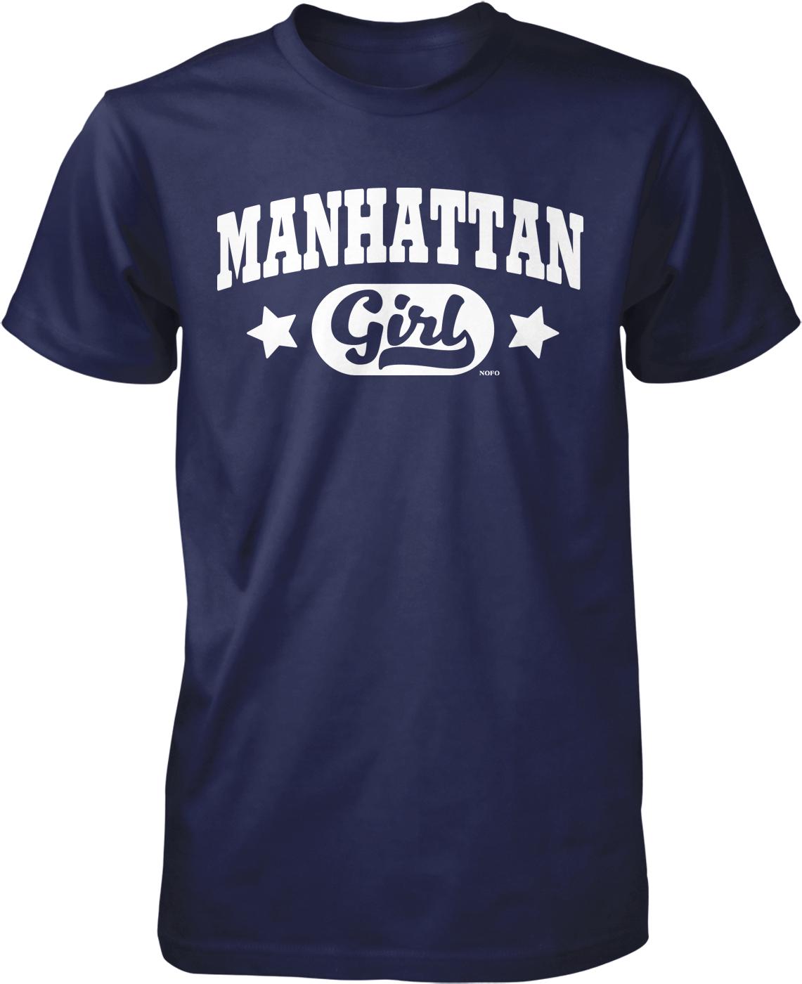 A navy blue t-shirt with the text "MANHATTAN Girl" printed on it in white letters.