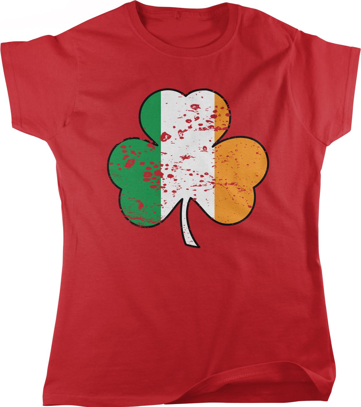 A red t-shirt with a graphic design of a shamrock, which is a symbol associated with Ireland.
