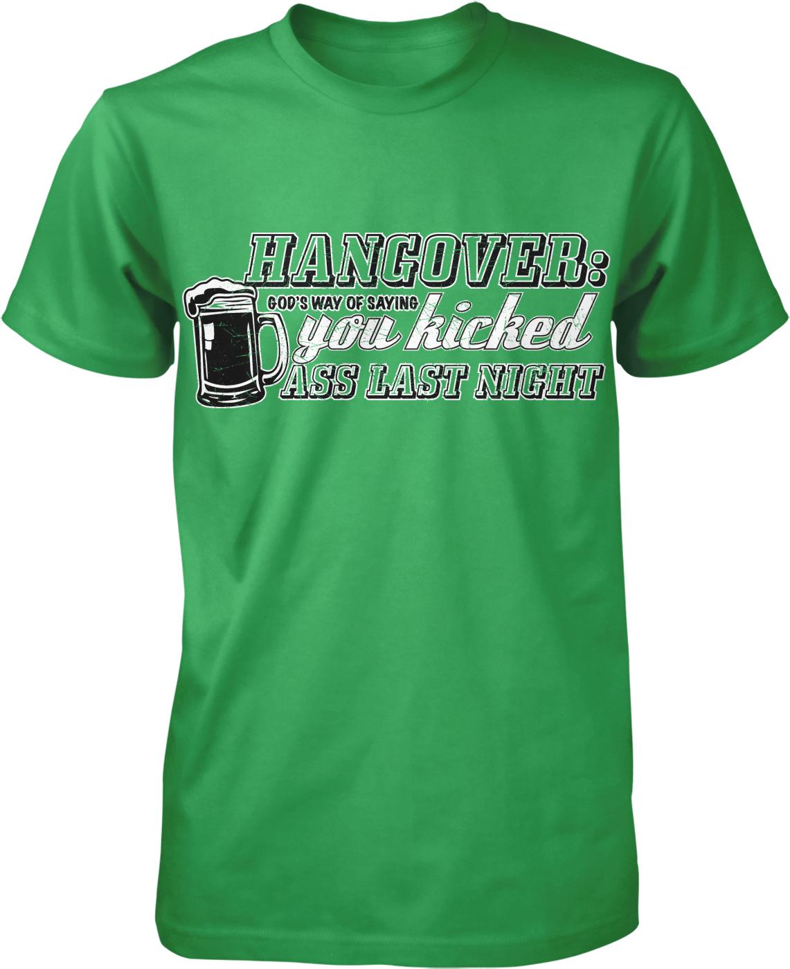A green t-shirt with a humorous text and graphic design.