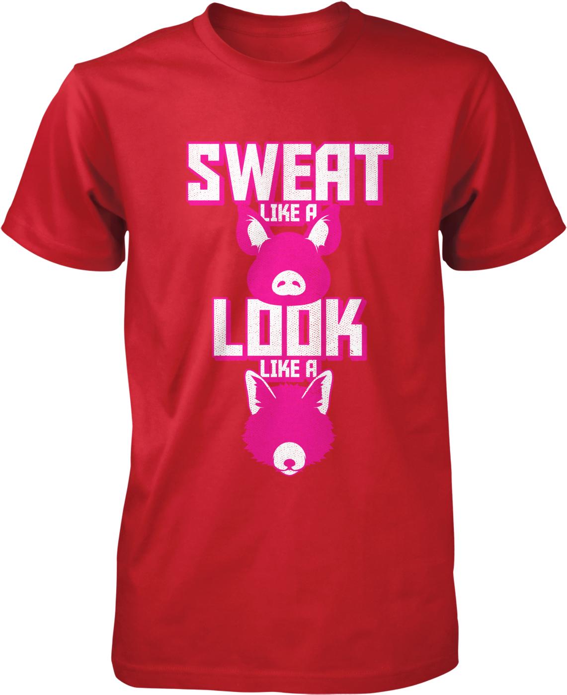 A red t-shirt with a graphic design featuring a pink pig and the text "SWEAT LIKE A LOOK LIKE A PIG".