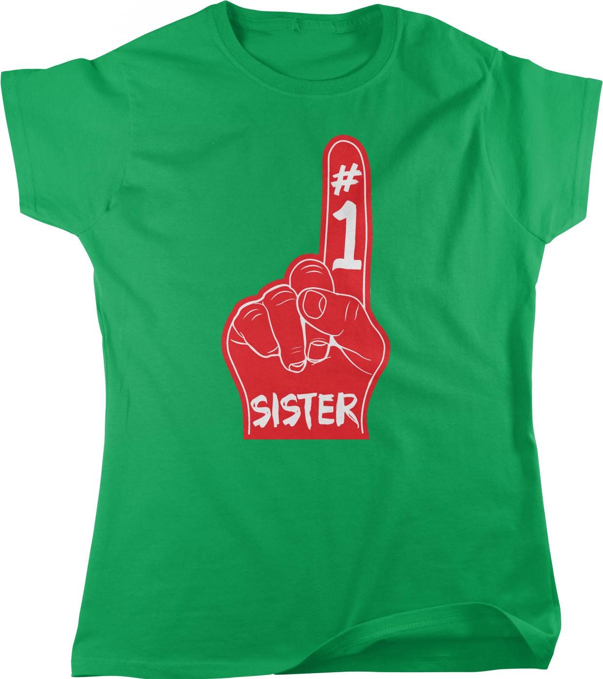 A green t-shirt with a red handprint and the text "SISTER" printed on it.
