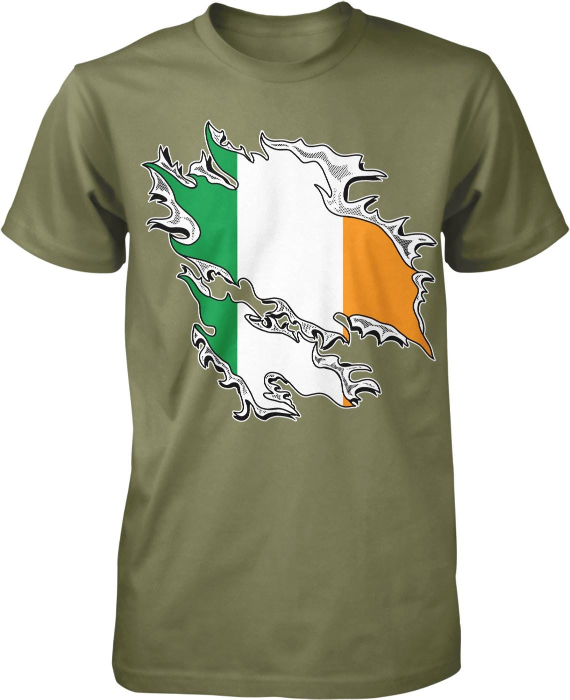 A t-shirt with a graphic design featuring the colors and symbols of the Irish flag.