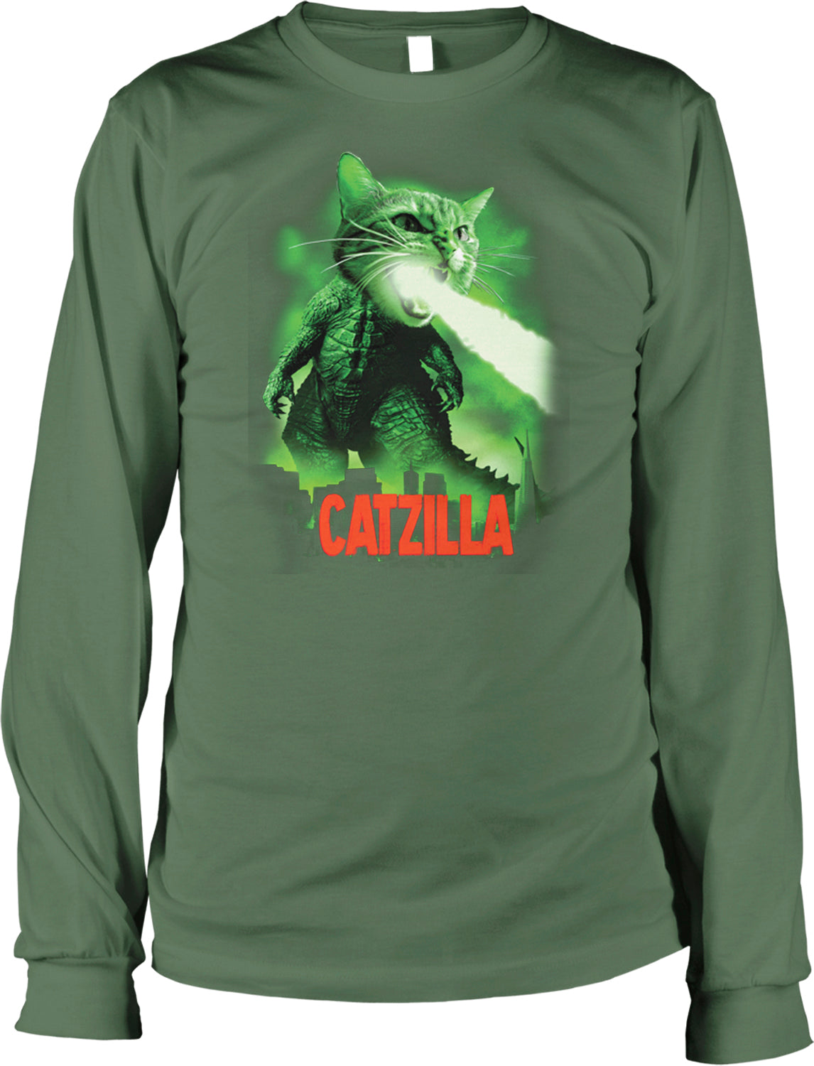 A green long-sleeved t-shirt with a graphic design featuring a cat-like creature with a green and white color scheme, emitting a green light or flame. The word "CATZILLA" is prominently displayed below the image.