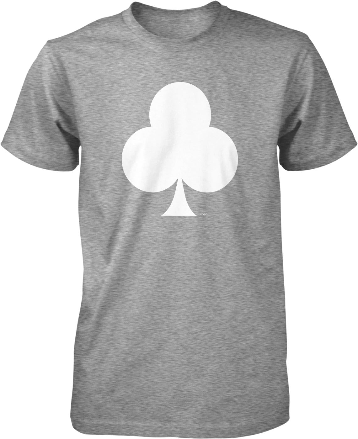 A gray t-shirt with a white graphic of a three-leaf clover on it.