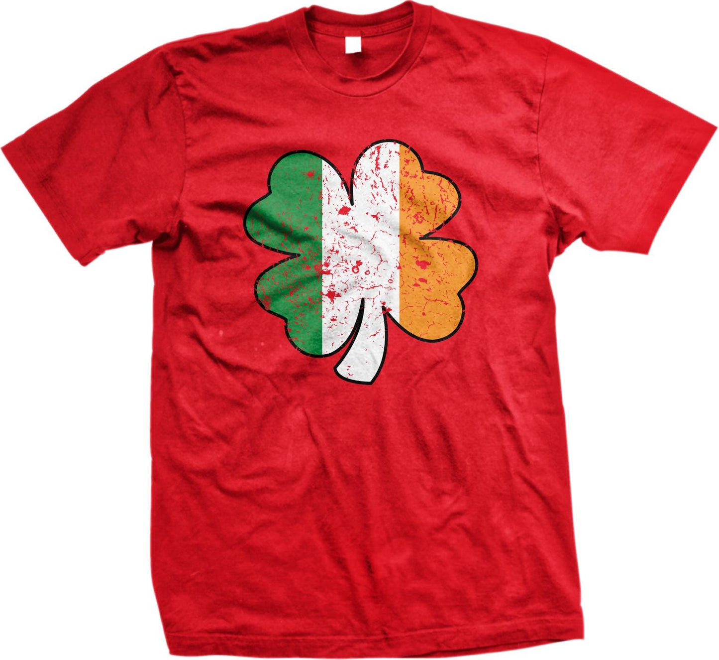 A red t-shirt with a graphic design of a four-leaf clover, which is a symbol associated with Ireland.