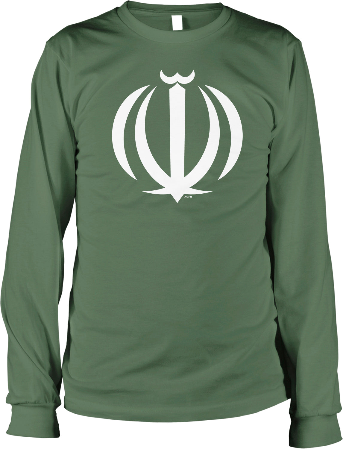 A long-sleeved green t-shirt with a white graphic design on the front.
