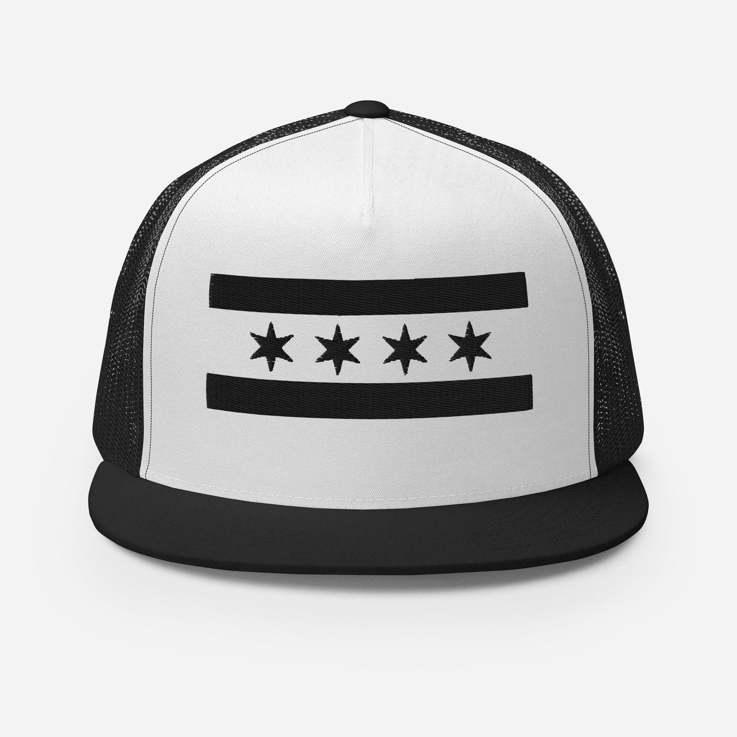 A white and black baseball cap with a black brim and a black and white graphic on the front.