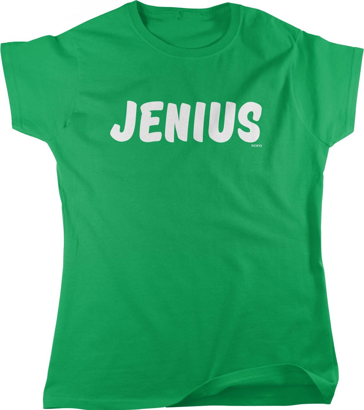 A bright green t-shirt with the word "JENIUS" printed in white letters.