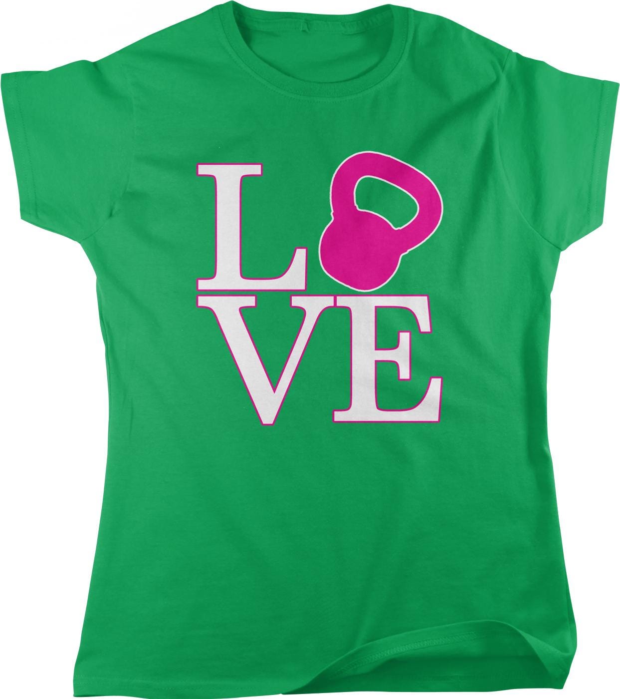 A green t-shirt with the word "LOVE" printed on it, along with a pink kettlebell graphic.