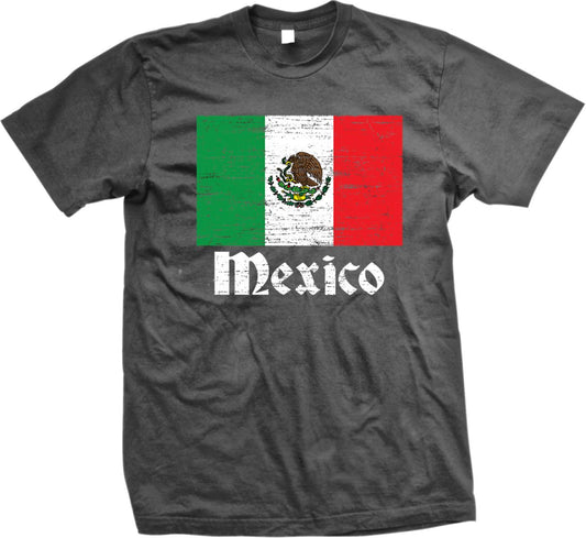 A black t-shirt with the text "Mexico" printed on it, along with the Mexican flag design.