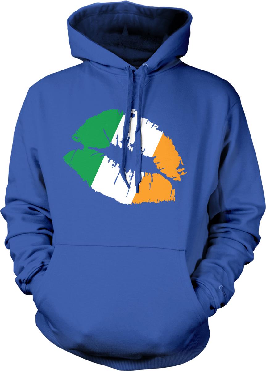 A blue hoodie with a graphic design featuring the colors of the Irish flag.