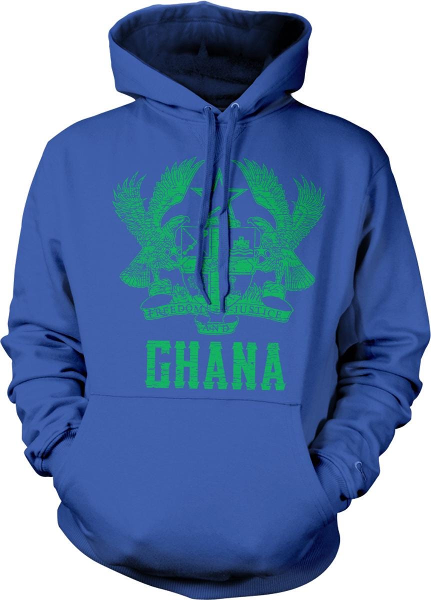 A blue hoodie with a green graphic and text on it.