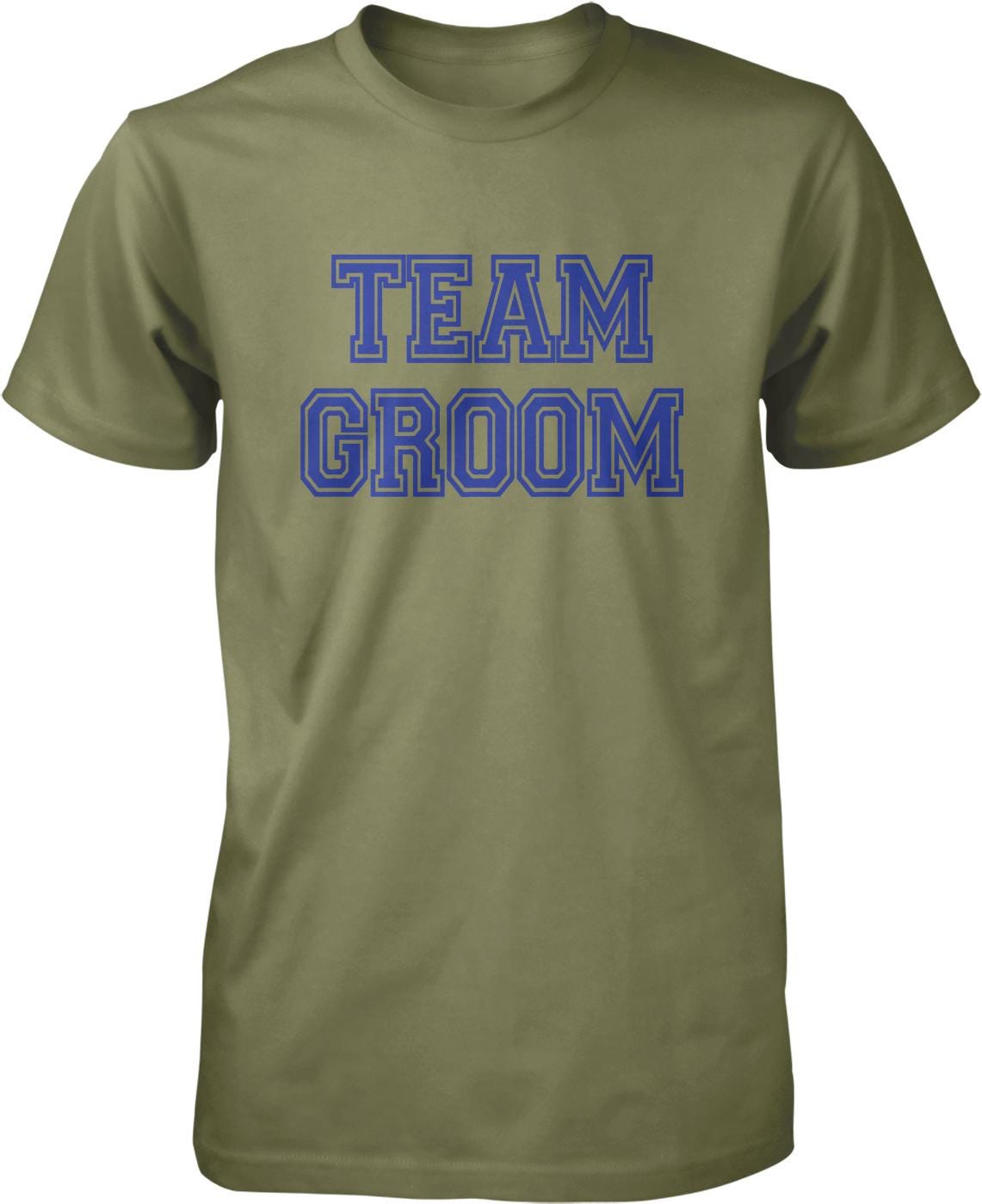 A green t-shirt with the text "TEAM GROOM" printed in blue letters.