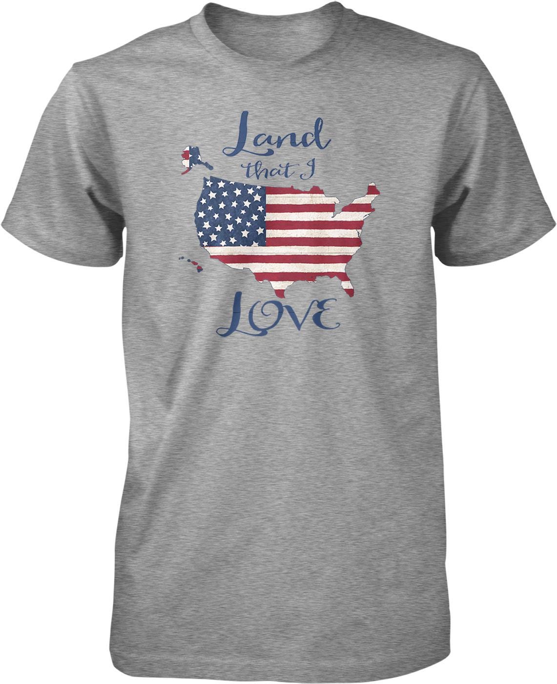A gray t-shirt with a graphic design depicting the United States map and the text "Land that I love" printed on it.