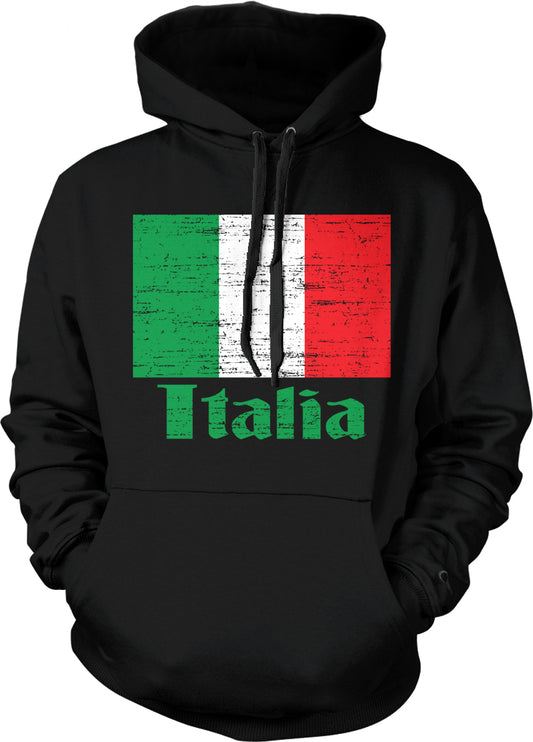 A black hoodie with a graphic design featuring the flag of Italy and the word "Italia" printed on it.