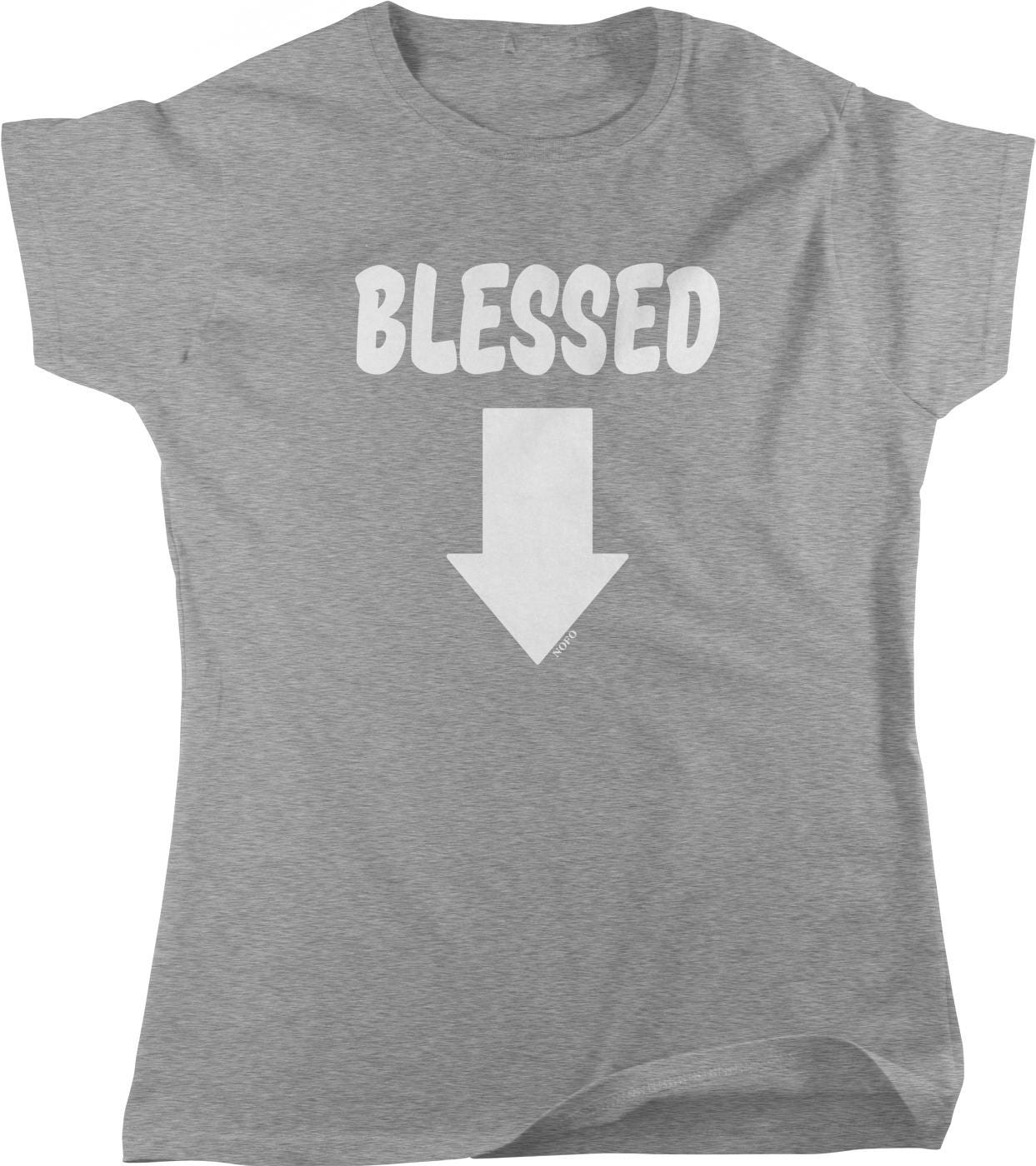 A gray t-shirt with the text "BELLESSED" and an arrow pointing downwards.