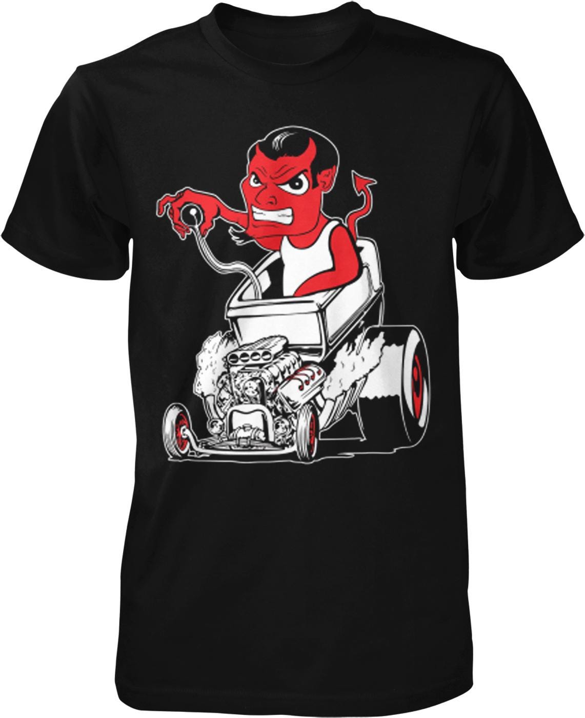 A black t-shirt with a graphic design depicting a red devil-like character riding a car with a large engine.