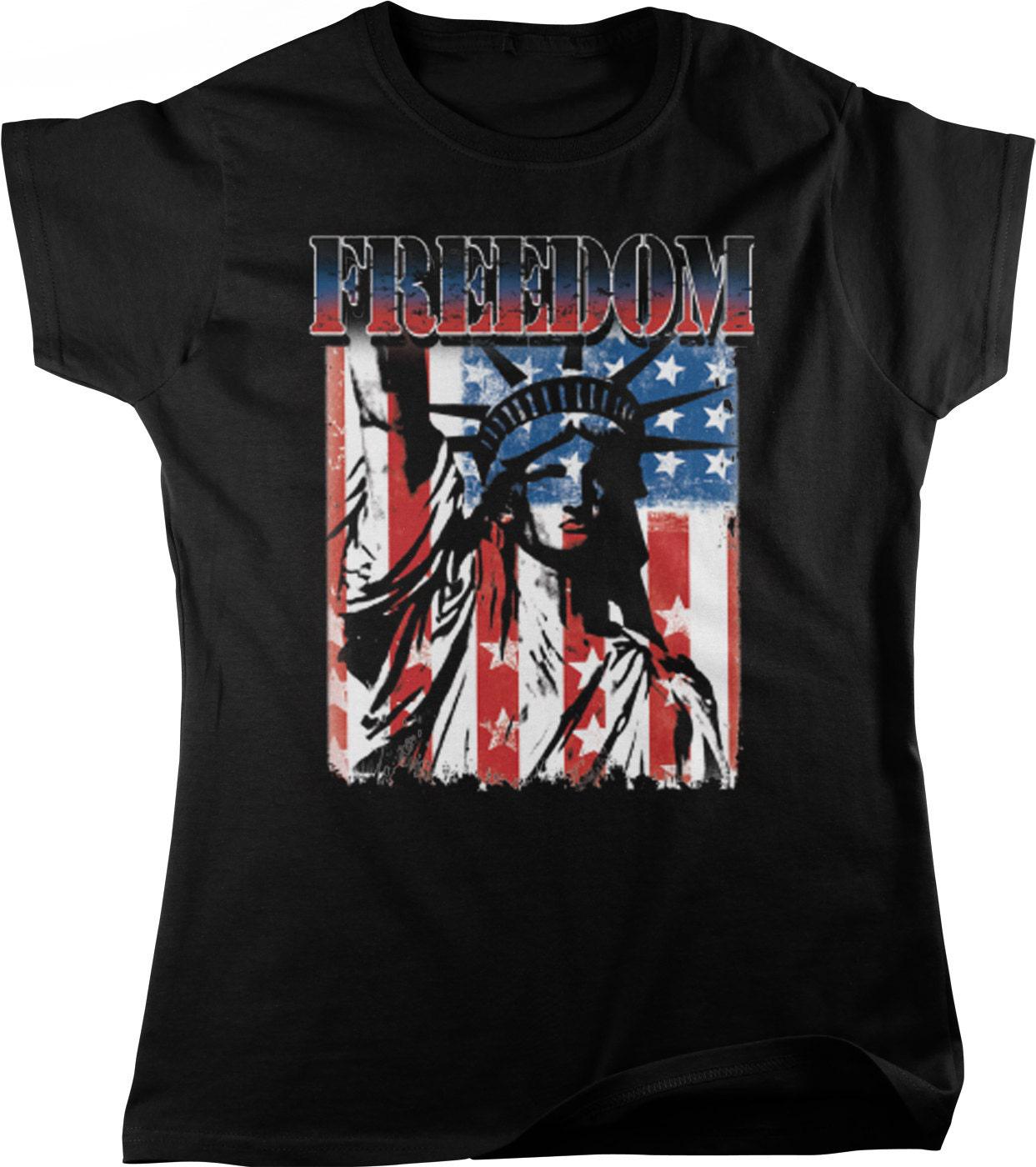 USA Women's T-Shirt - Patriotic Tee with Statue of Liberty, Red White Blue Colors
