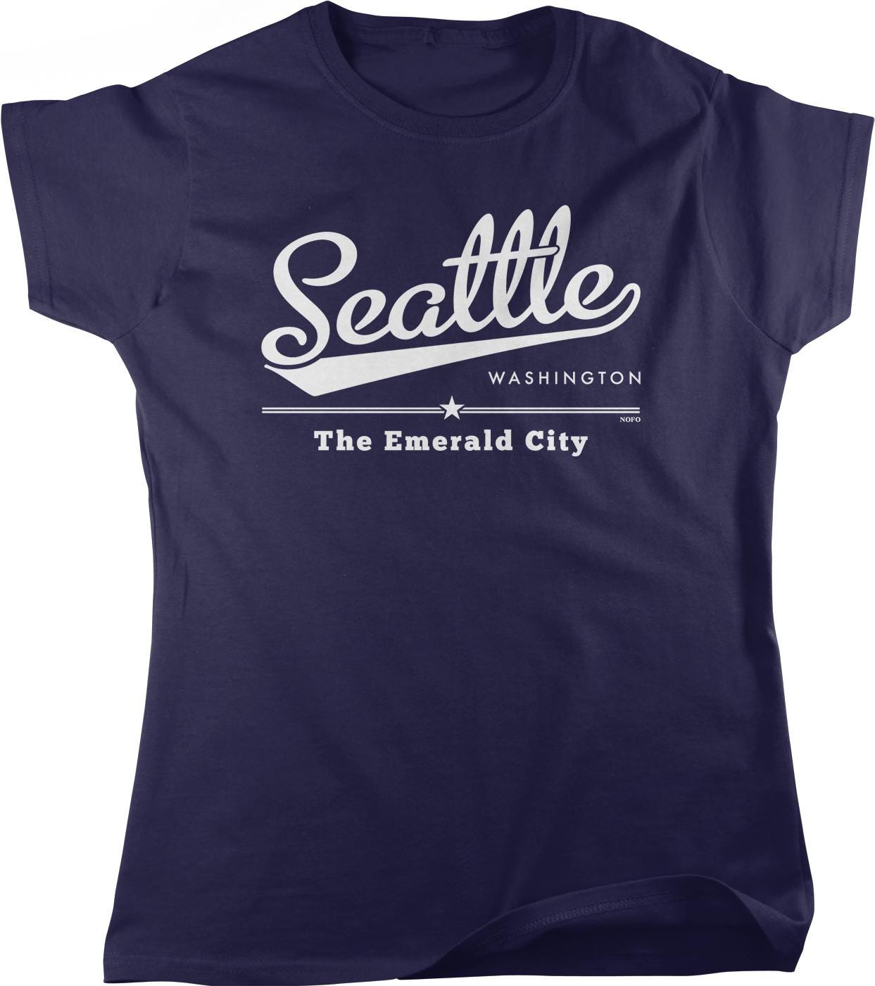 A navy blue t-shirt with white text and graphics printed on it.