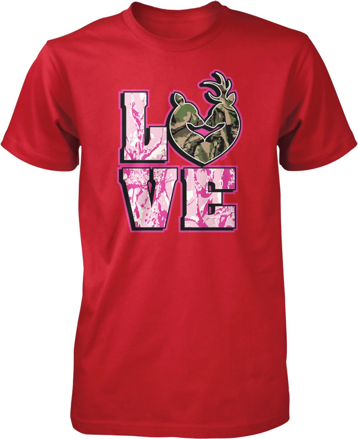 A red t-shirt with the word "LOVE" printed on it, along with a graphic of a heart and a deer.
