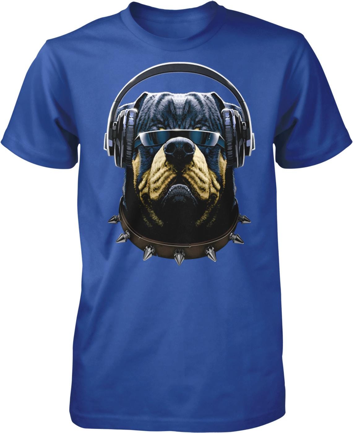 A blue t-shirt with a graphic design of a dog wearing headphones and sunglasses.