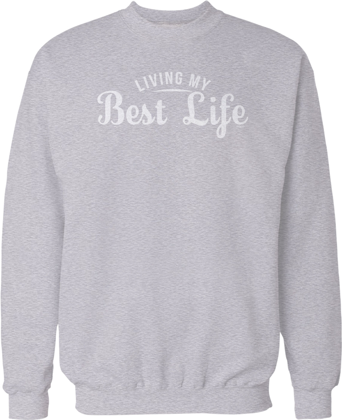 A gray sweatshirt with the text "LIVING MY BEST LIFE" printed on it.
