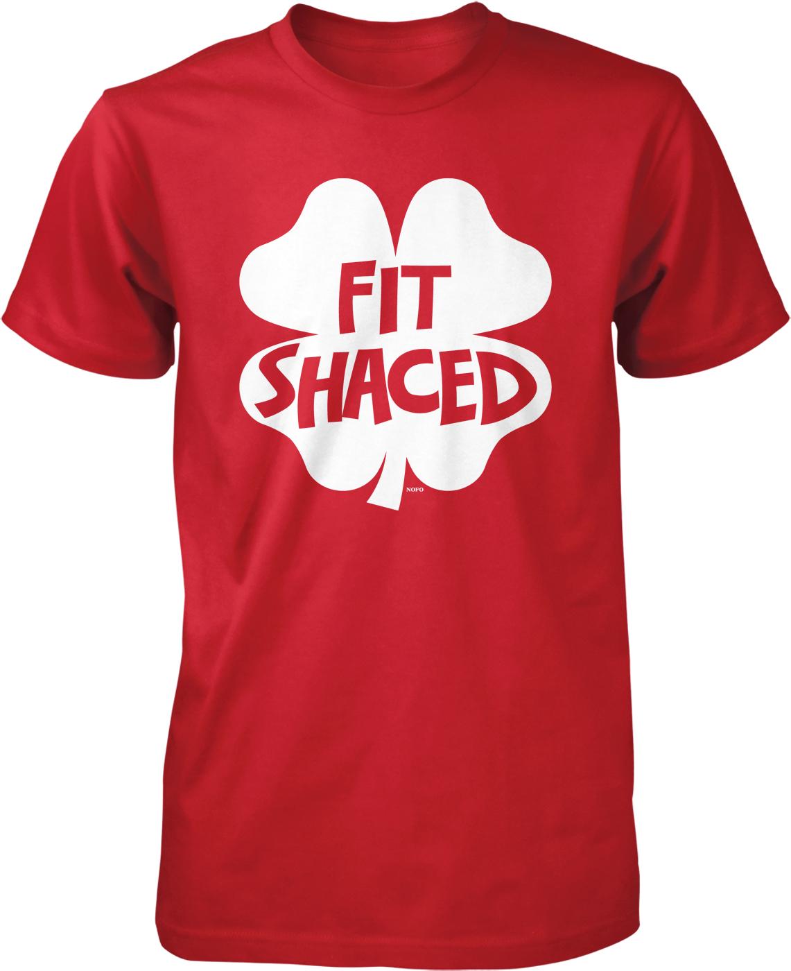 A red t-shirt with a white clover design and the text "FIT SHAGED" printed on it.