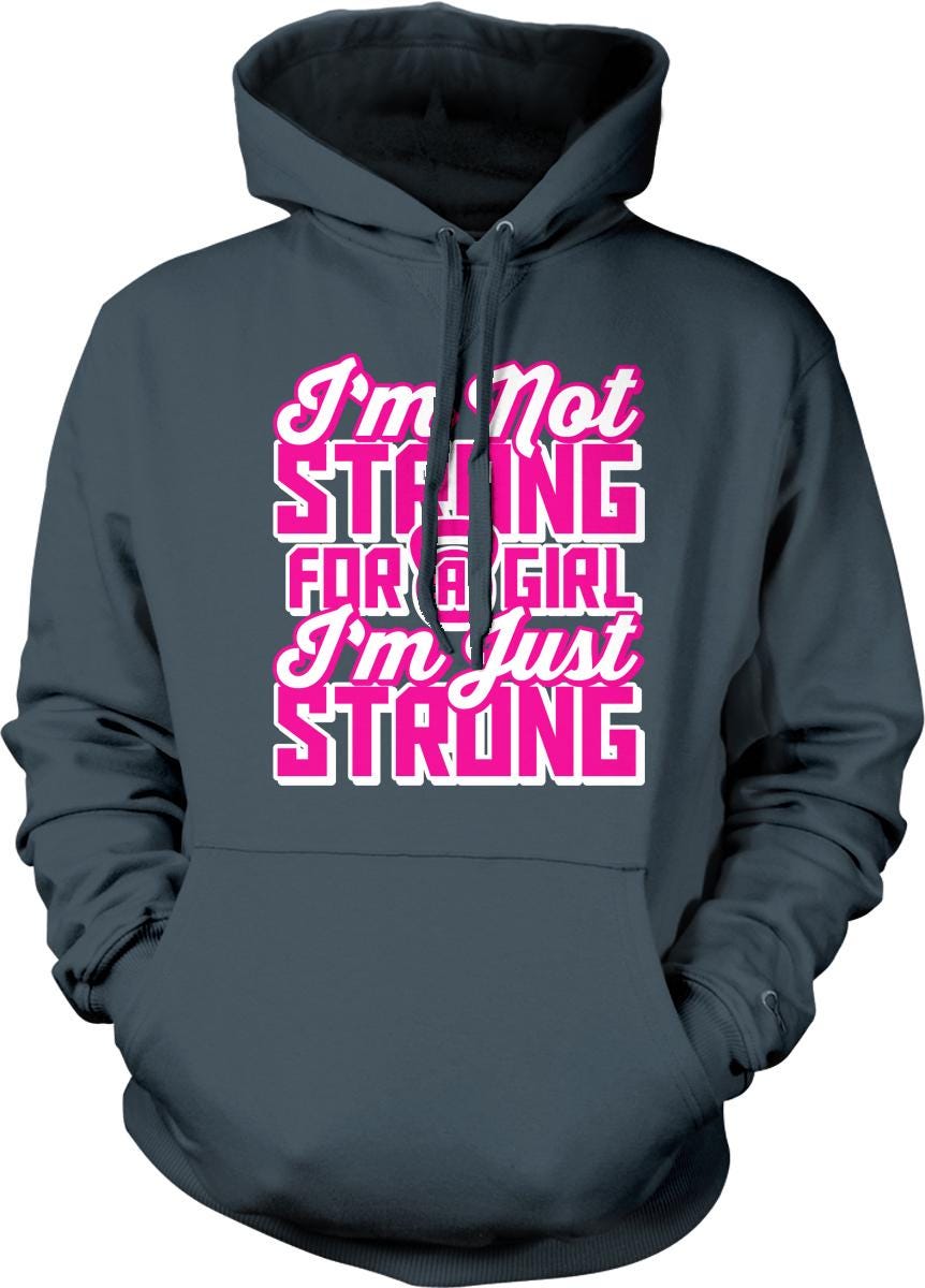 A gray hoodie with a pink and white graphic design on the front.