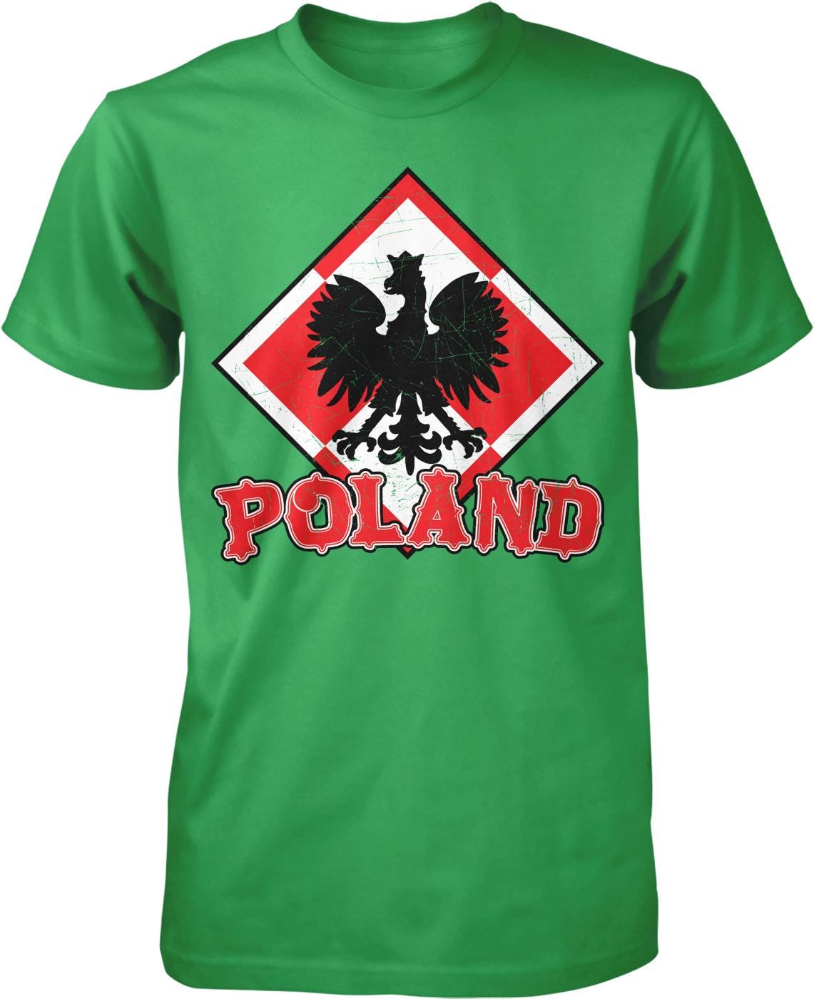 A green t-shirt with a graphic design featuring a black bird, possibly a rooster, and the word "POLAND" written below it.