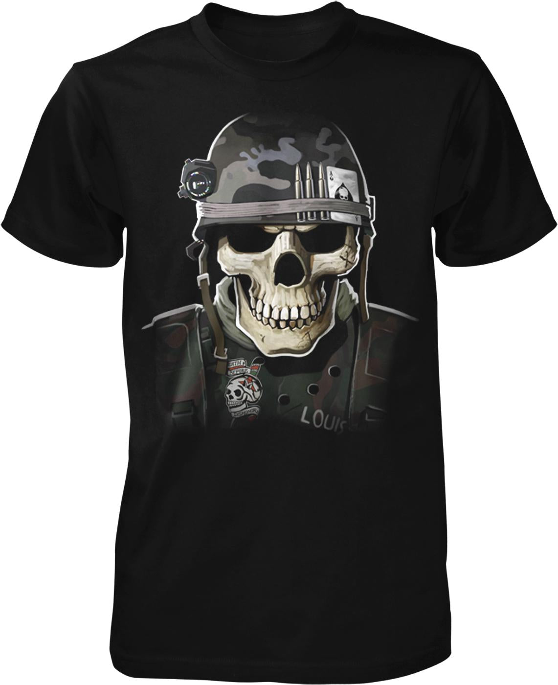 A black t-shirt with a graphic design depicting a skull wearing a military-style helmet and uniform.