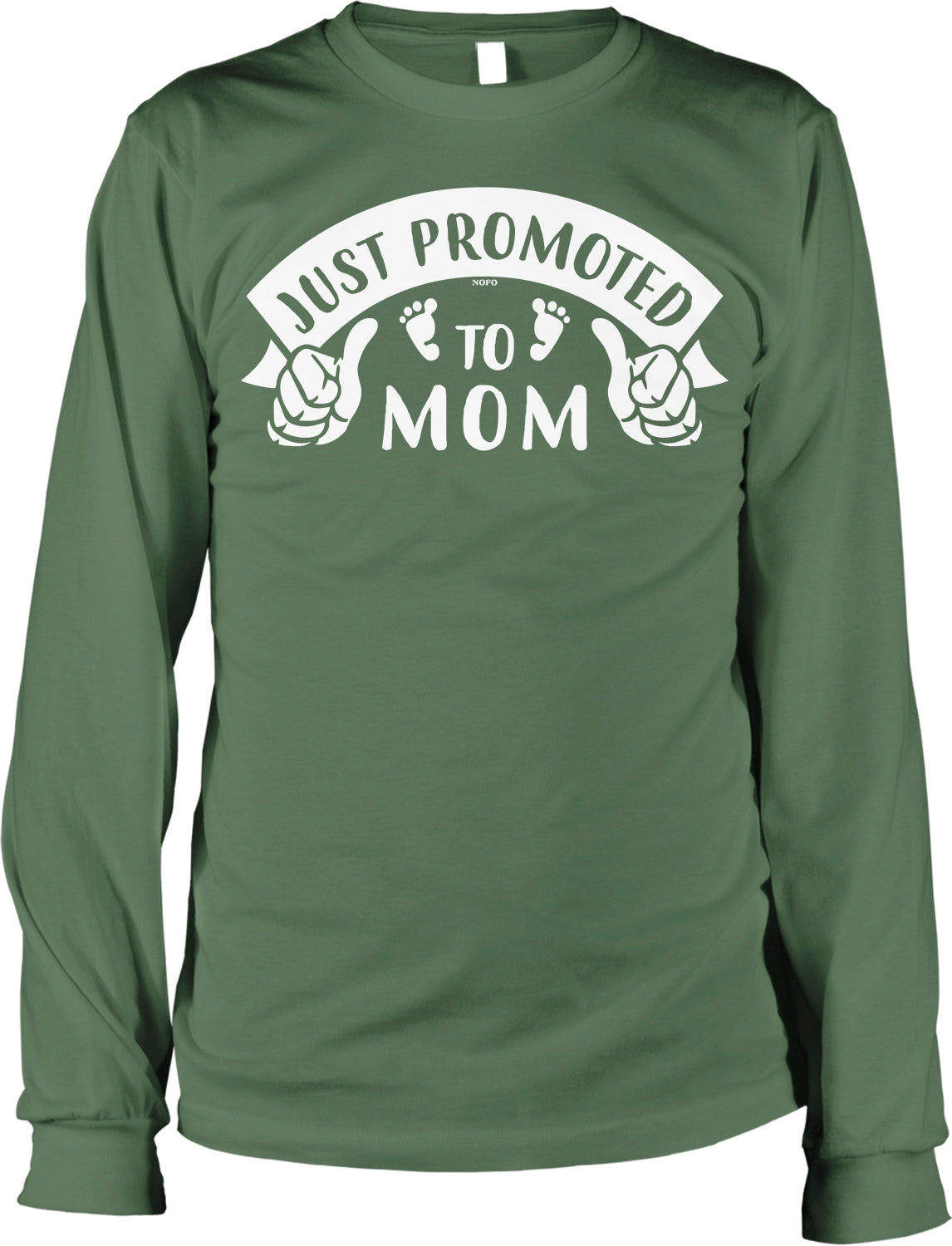 A long-sleeved green t-shirt with white text and graphics printed on it.