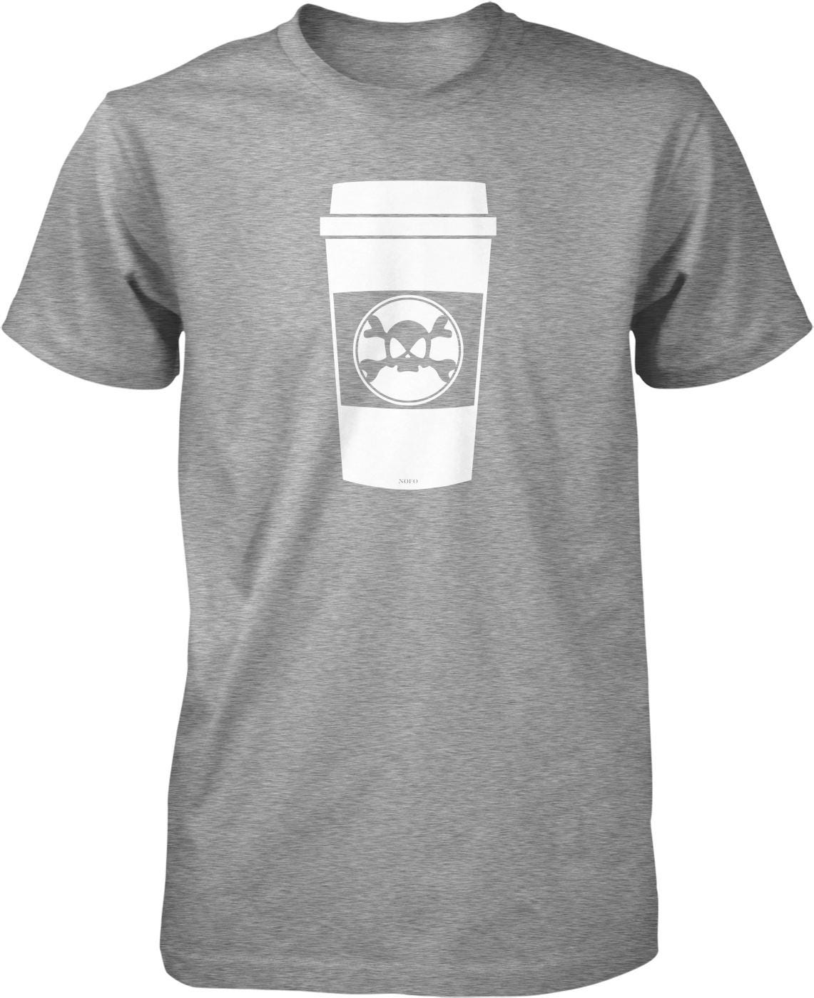 A gray t-shirt with a white coffee cup graphic printed on it.