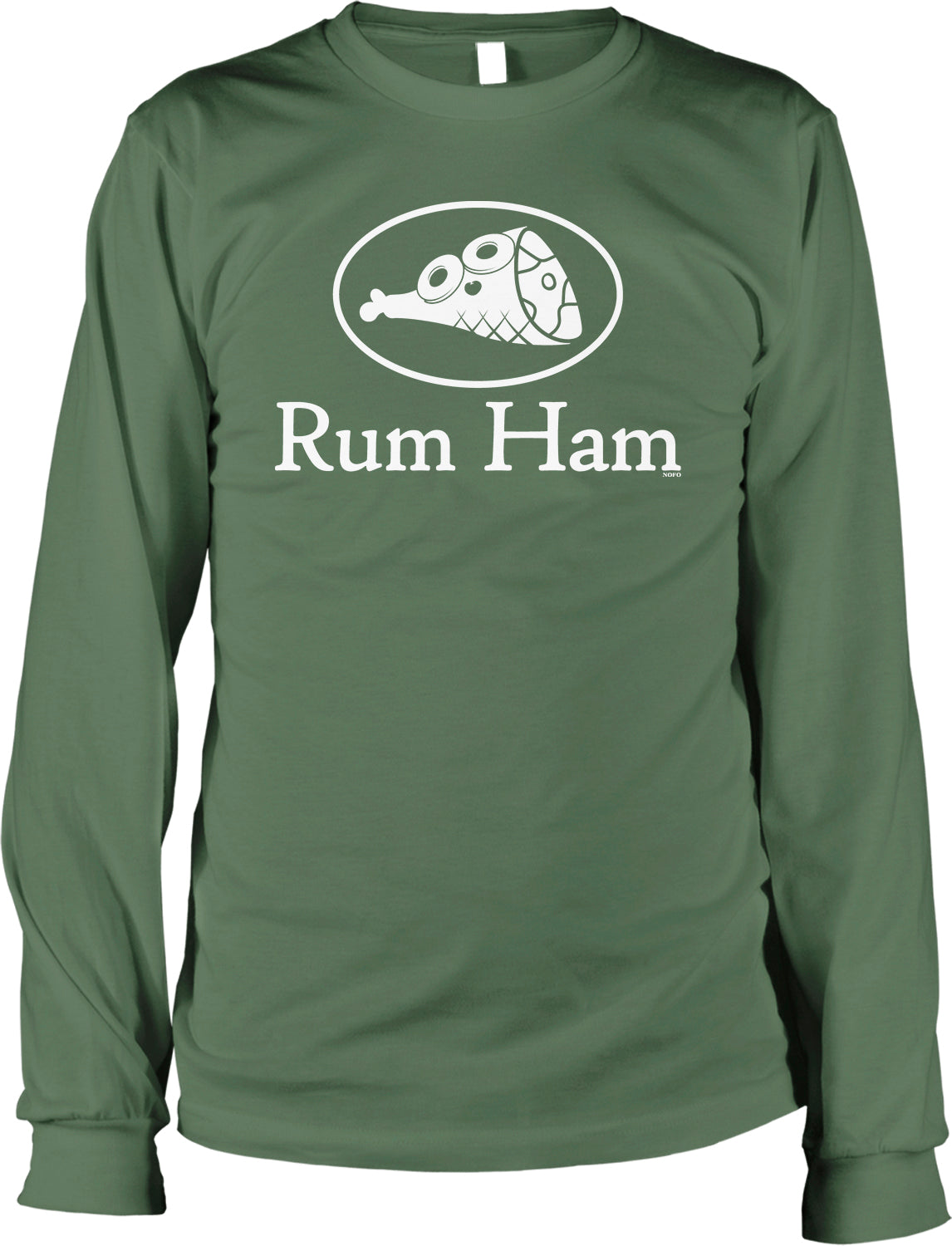 A green long-sleeved shirt with a white logo and text printed on it.