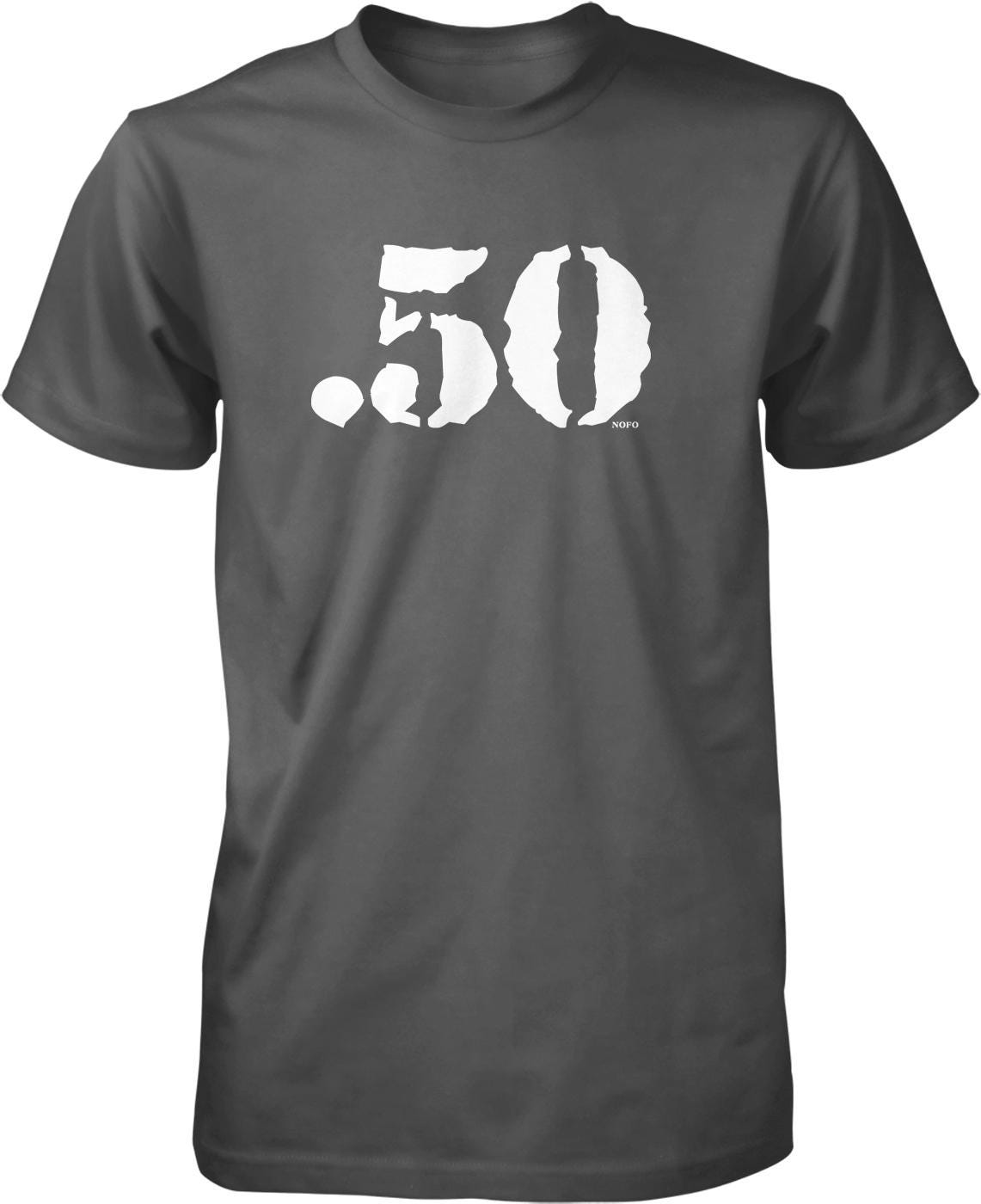 A gray t-shirt with the number 50 printed in white on it.