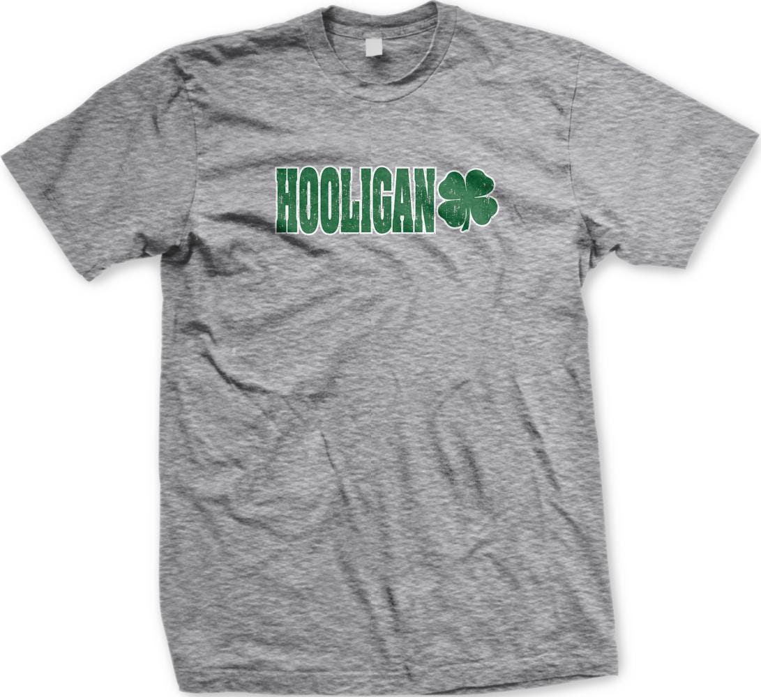 A grey t-shirt with the word "HOOLIGAN" printed on it in green letters.
