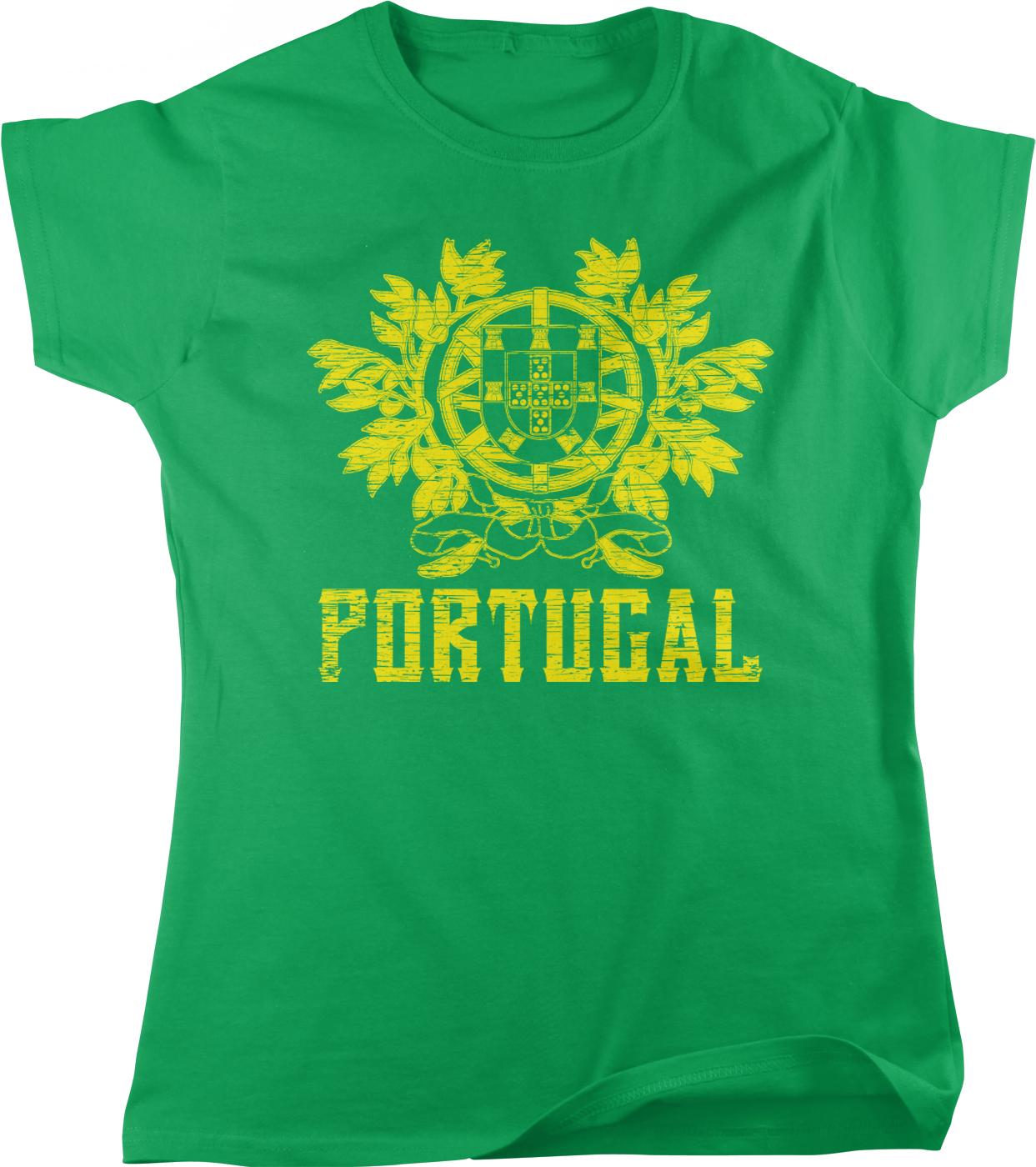 A green t-shirt with a yellow graphic design depicting a coat of arms and the word "PORTUGAL" printed on it.