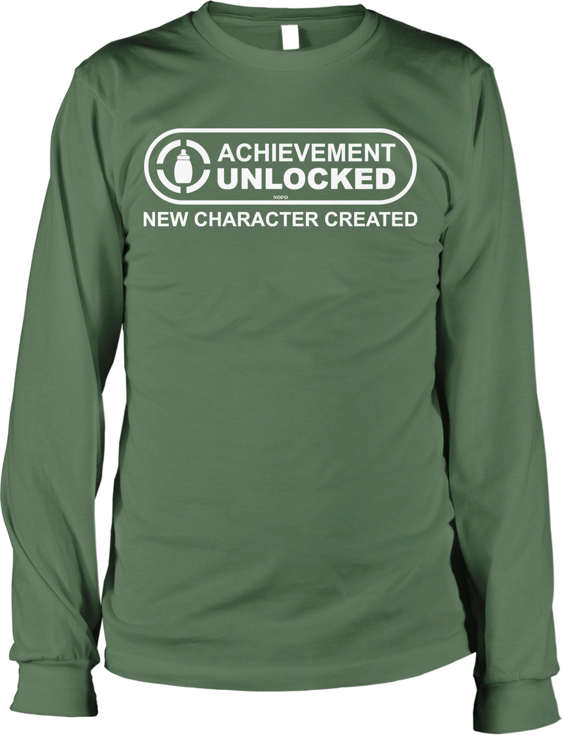 A long-sleeved green t-shirt with the text "ACHIEVEMENT UNLOCKED" and "NEW CHARACTER CREATED" printed on it.