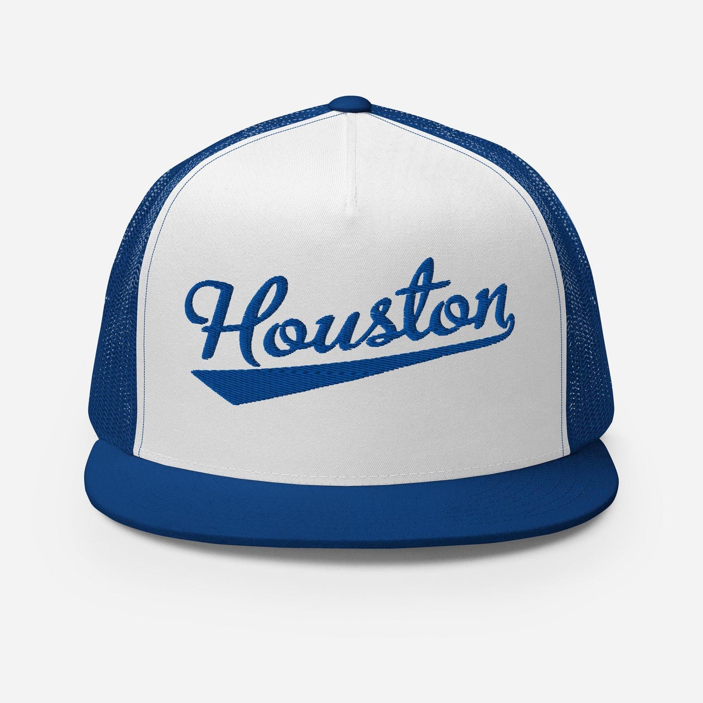 A white and blue baseball cap with the word "Houston" printed on it.