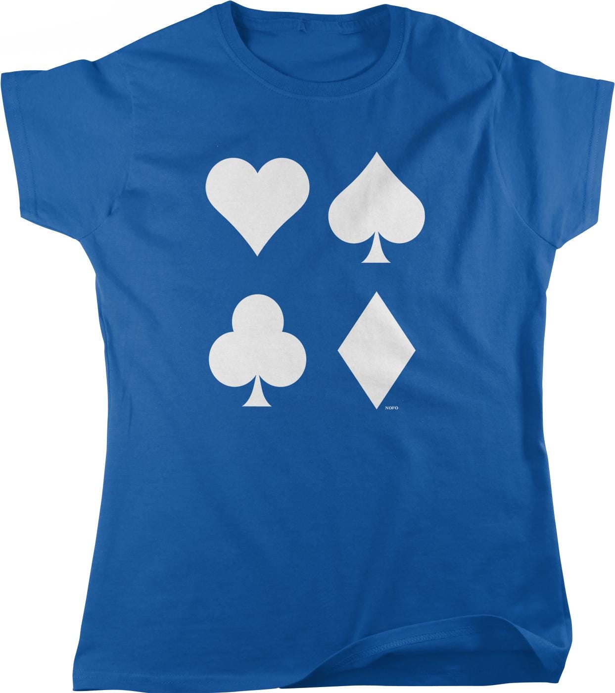 A blue t-shirt with four white playing card symbols printed on it.