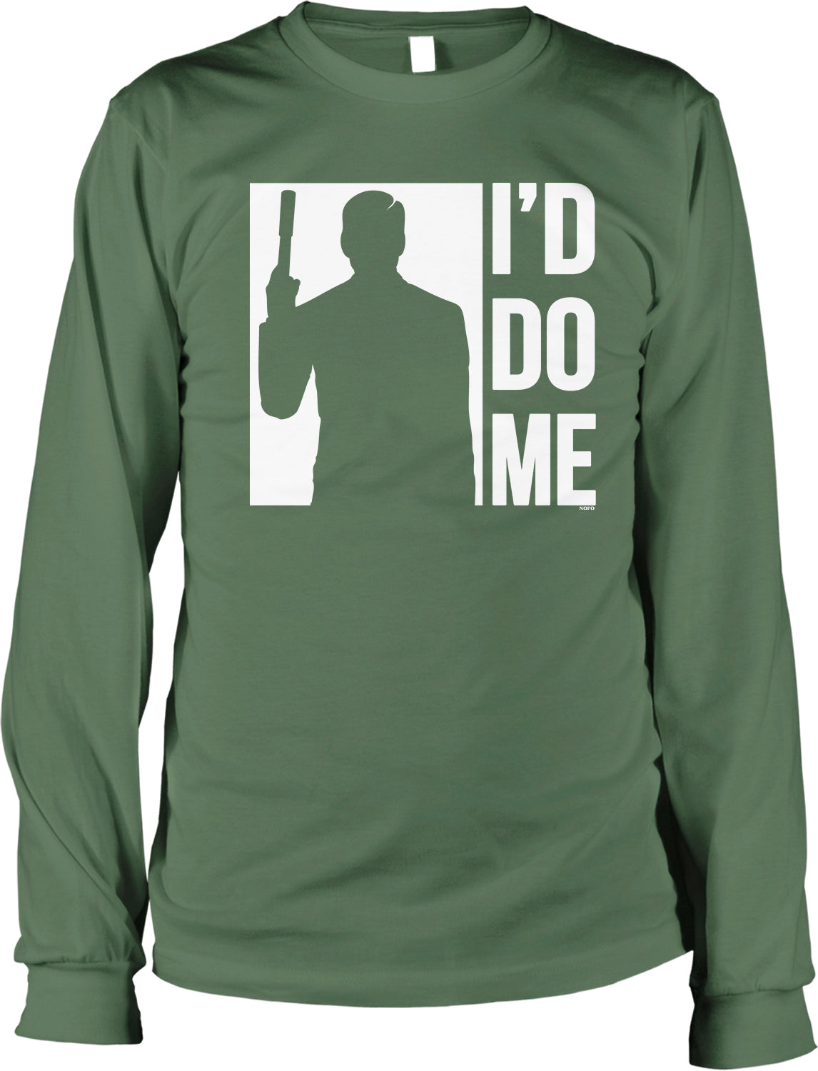 A green long-sleeved t-shirt with a white graphic design depicting a silhouette of a person holding a gun and the text "I'D DO ME" printed on it.
