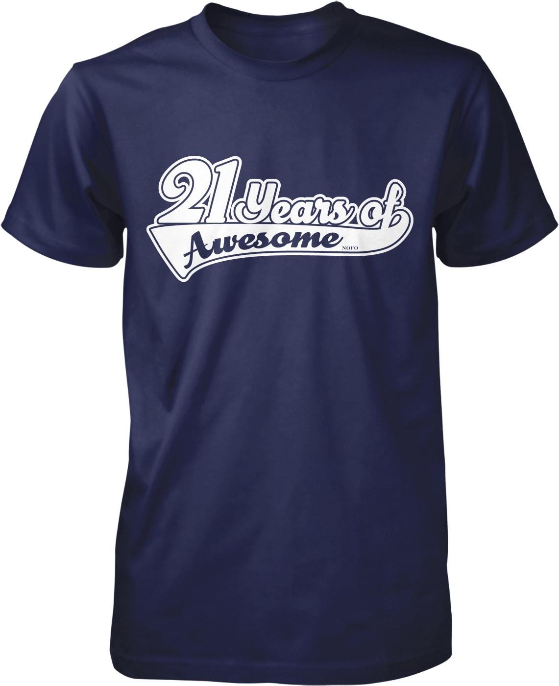 A navy blue t-shirt with the text "21 years of Awesome" printed on it.